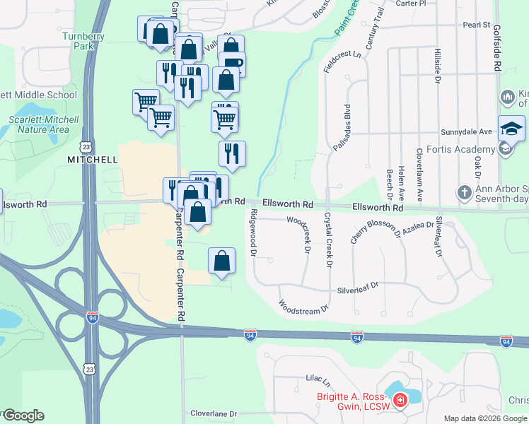 map of restaurants, bars, coffee shops, grocery stores, and more near 4018 Woodcreek Drive in Ypsilanti
