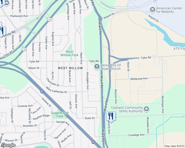 map of restaurants, bars, coffee shops, grocery stores, and more near 2347 Ponderosa Court in Ypsilanti