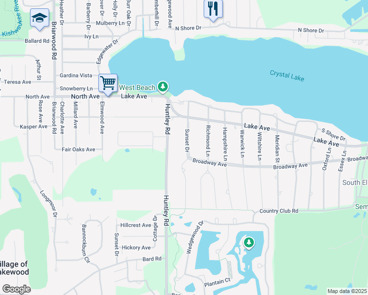 map of restaurants, bars, coffee shops, grocery stores, and more near 430 Sunset Drive in Village of Lakewood