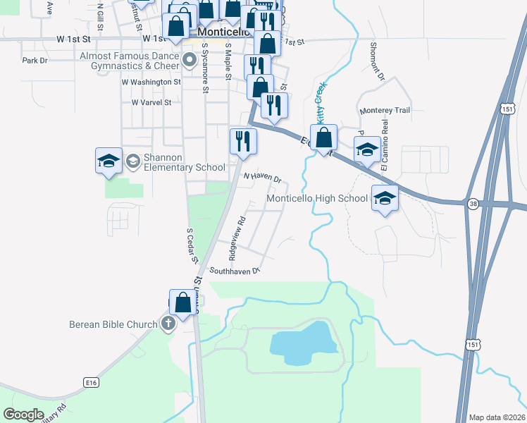 map of restaurants, bars, coffee shops, grocery stores, and more near 801 Timberline Road in Monticello