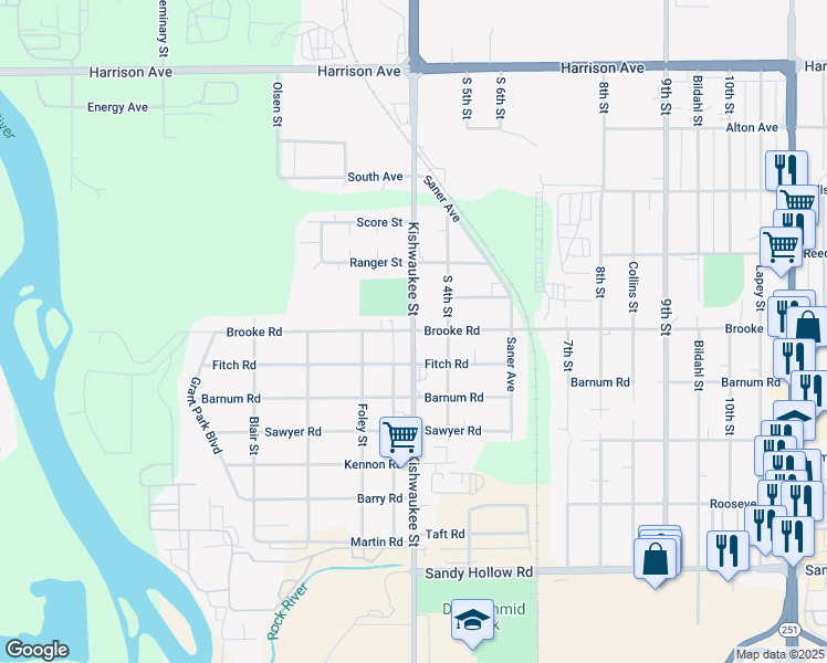 map of restaurants, bars, coffee shops, grocery stores, and more near Kishwaukee St & Brooke Rd in Rockford