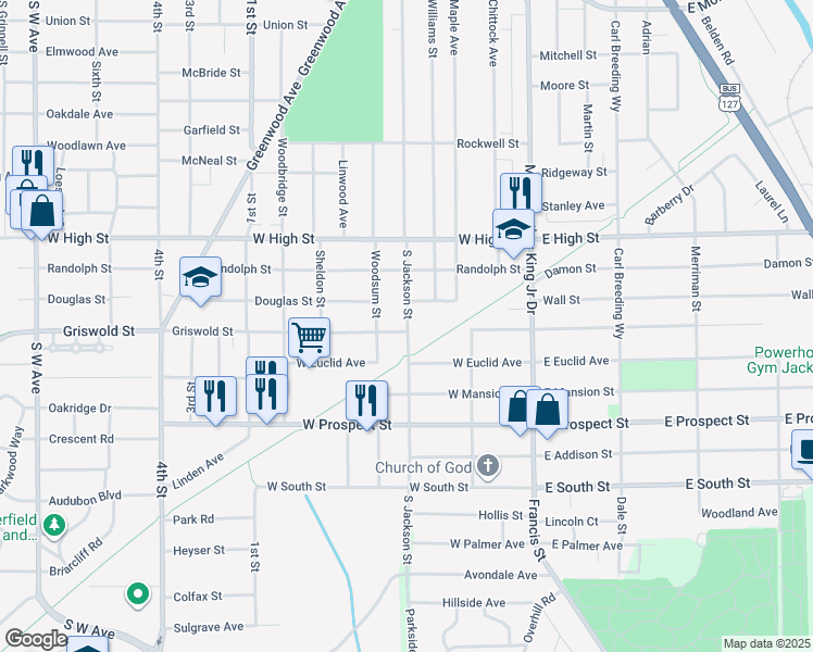 map of restaurants, bars, coffee shops, grocery stores, and more near 1528 South Jackson Street in Jackson