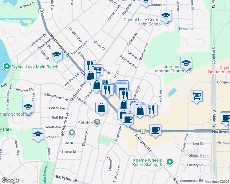 map of restaurants, bars, coffee shops, grocery stores, and more near 217 Uteg Street in Crystal Lake