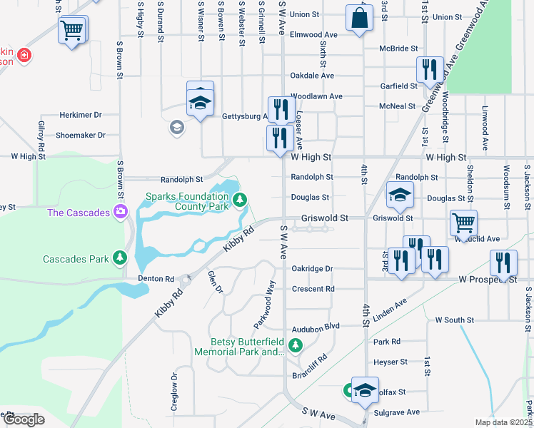 map of restaurants, bars, coffee shops, grocery stores, and more near 1528 Kibby Road in Jackson