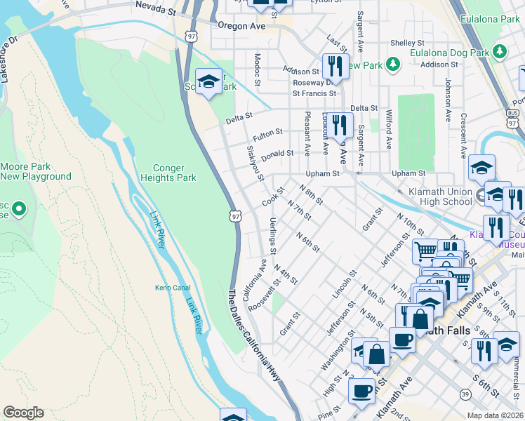 map of restaurants, bars, coffee shops, grocery stores, and more near 327 Cook Street in Klamath Falls