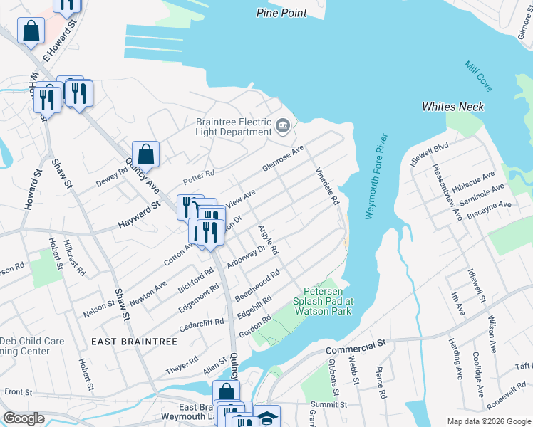 map of restaurants, bars, coffee shops, grocery stores, and more near 87 Trefton Drive in Braintree