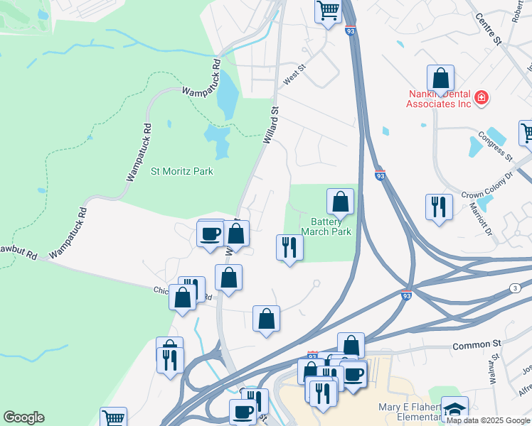 map of restaurants, bars, coffee shops, grocery stores, and more near 762 Willard Street in Quincy