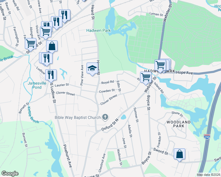 map of restaurants, bars, coffee shops, grocery stores, and more near 32 Royal Road in Worcester