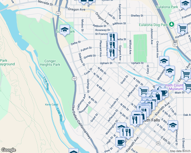 map of restaurants, bars, coffee shops, grocery stores, and more near 634 Doty Street in Klamath Falls