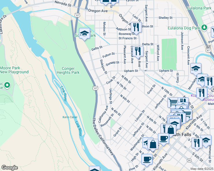 map of restaurants, bars, coffee shops, grocery stores, and more near 320 Cook Street in Klamath Falls