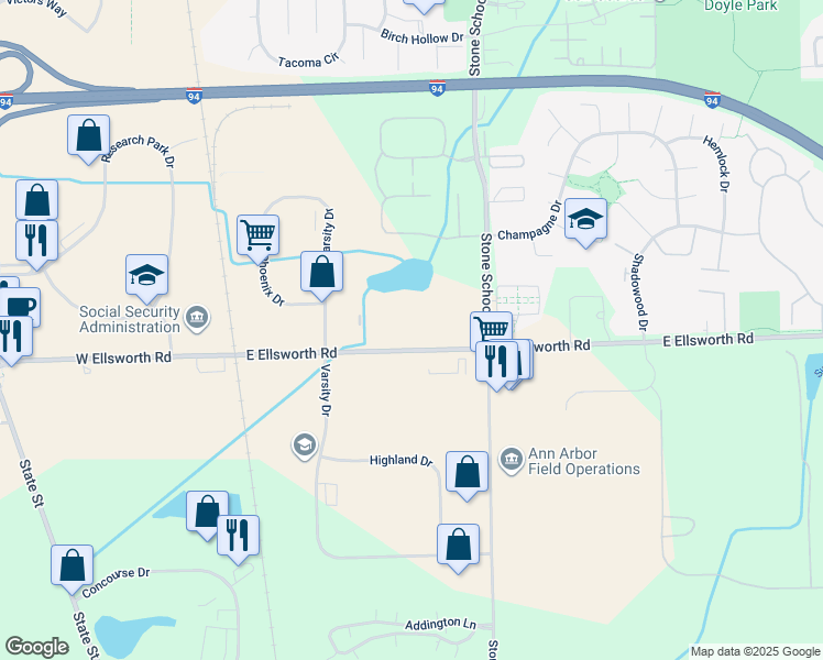 map of restaurants, bars, coffee shops, grocery stores, and more near 1351 East Ellsworth Road in Ann Arbor