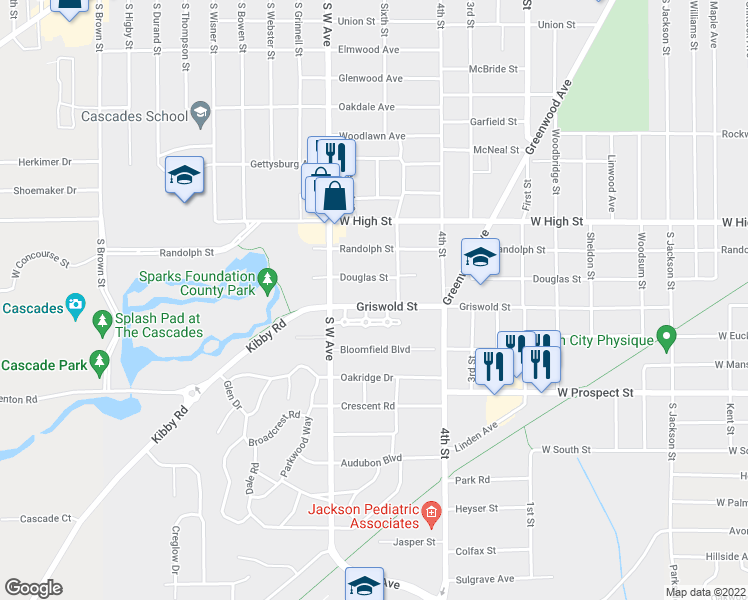 map of restaurants, bars, coffee shops, grocery stores, and more near 738 Griswold Street in Jackson