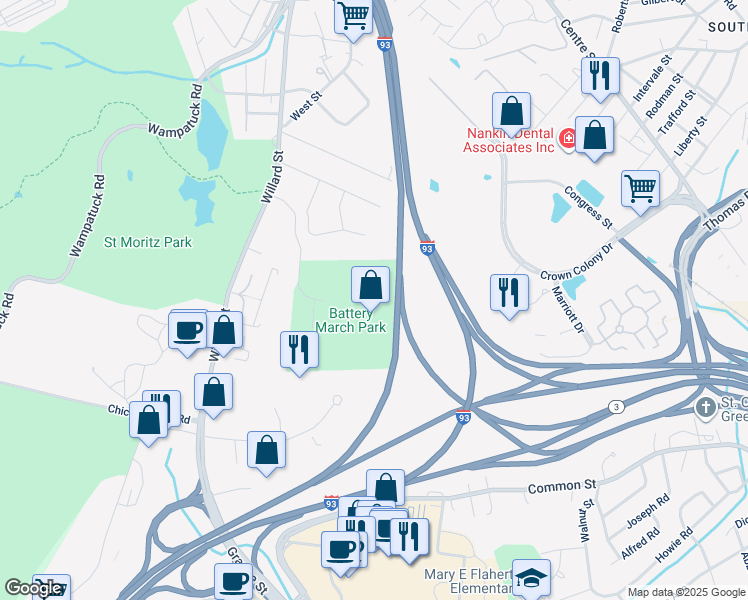 map of restaurants, bars, coffee shops, grocery stores, and more near 4 Batterymarch Park in Quincy