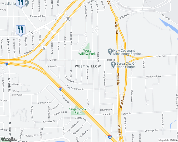 map of restaurants, bars, coffee shops, grocery stores, and more near 1089 Buick Avenue in Ypsilanti