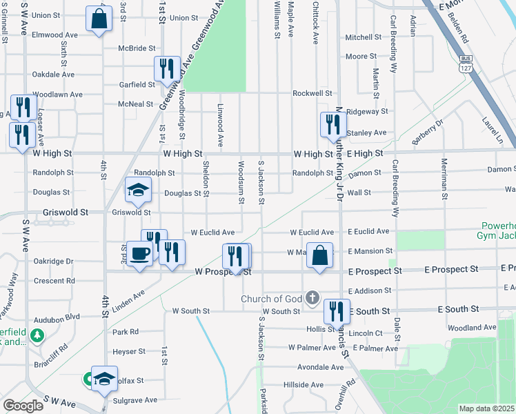 map of restaurants, bars, coffee shops, grocery stores, and more near 1528 South Jackson Street in Jackson