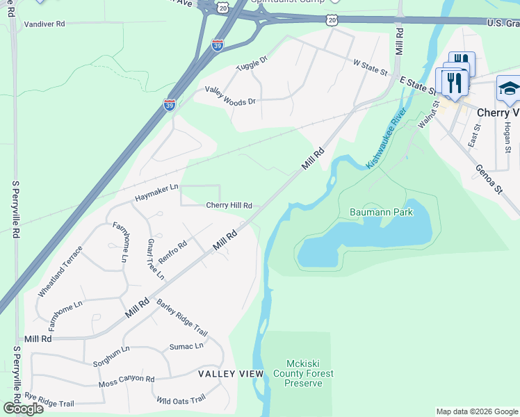 map of restaurants, bars, coffee shops, grocery stores, and more near 3543 Mill Road in Cherry Valley