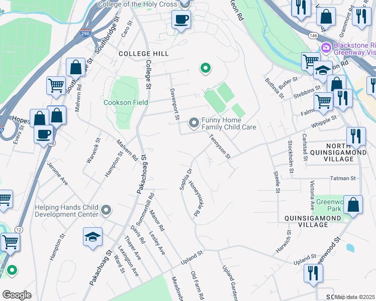 map of restaurants, bars, coffee shops, grocery stores, and more near 12 Lilac Lane in Worcester