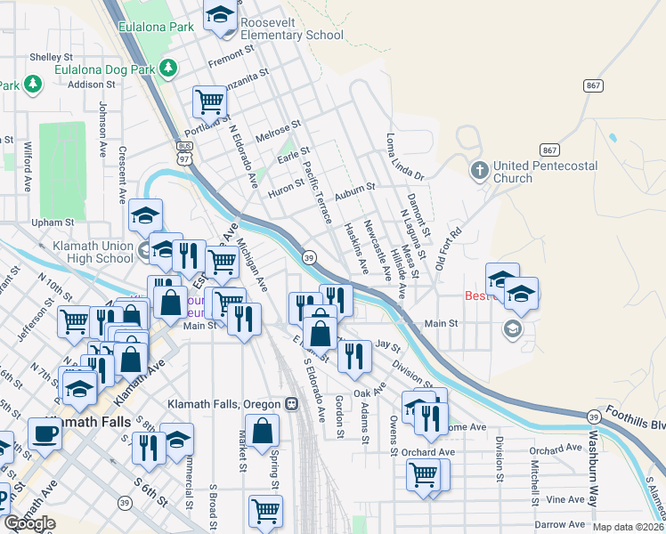 map of restaurants, bars, coffee shops, grocery stores, and more near 235 Crater Lake Parkway in Klamath Falls