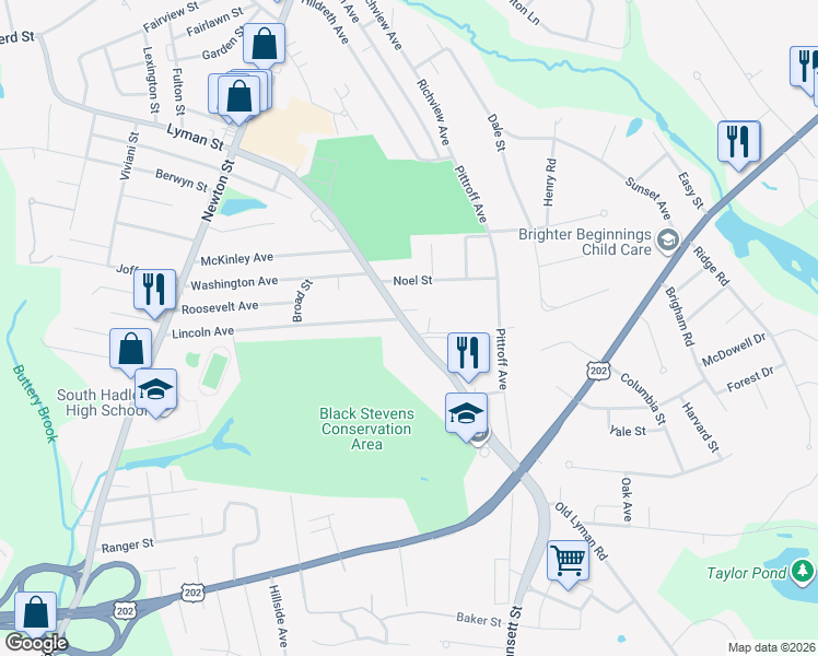 map of restaurants, bars, coffee shops, grocery stores, and more near 40 Lyman Street in South Hadley