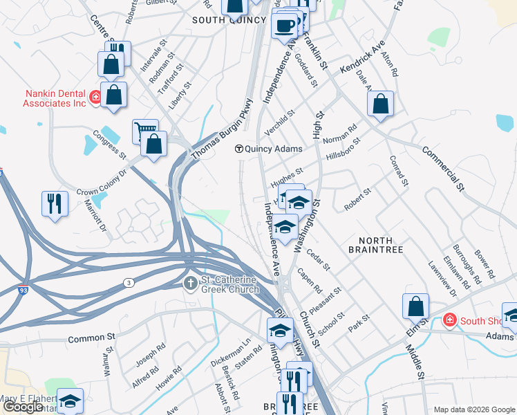 map of restaurants, bars, coffee shops, grocery stores, and more near 242 Independence Avenue in Quincy