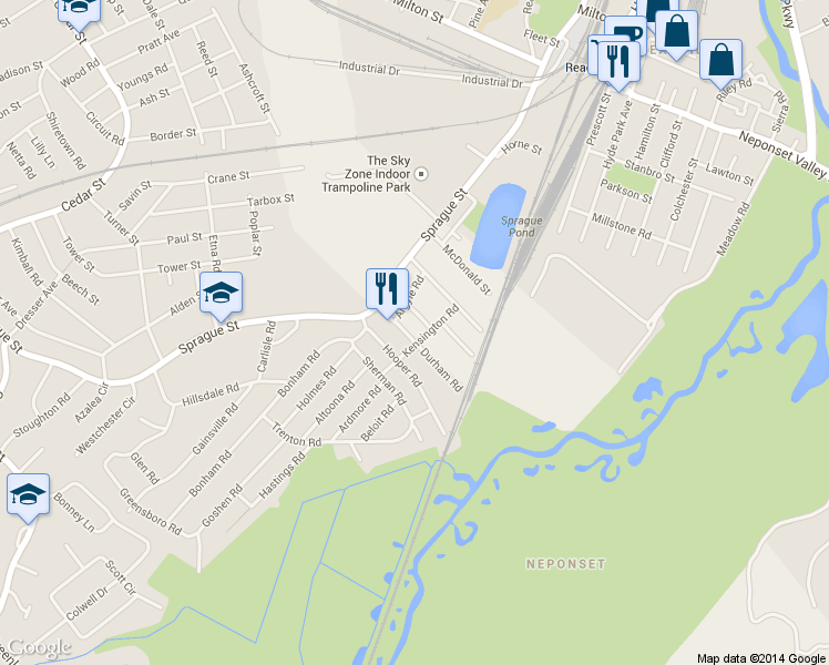 map of restaurants, bars, coffee shops, grocery stores, and more near 34 Argyle Road in Dedham