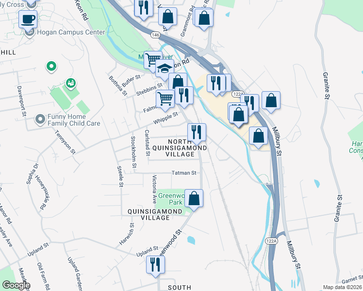 map of restaurants, bars, coffee shops, grocery stores, and more near 7 Ekman Street in Worcester