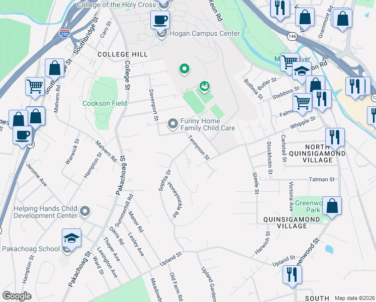 map of restaurants, bars, coffee shops, grocery stores, and more near 81 Sophia Drive in Worcester