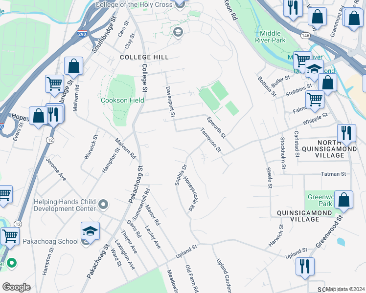 map of restaurants, bars, coffee shops, grocery stores, and more near 41 Davenport Street in Worcester