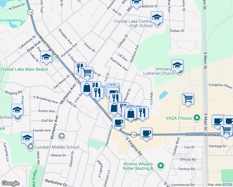 map of restaurants, bars, coffee shops, grocery stores, and more near 365 Wallace Avenue in Crystal Lake