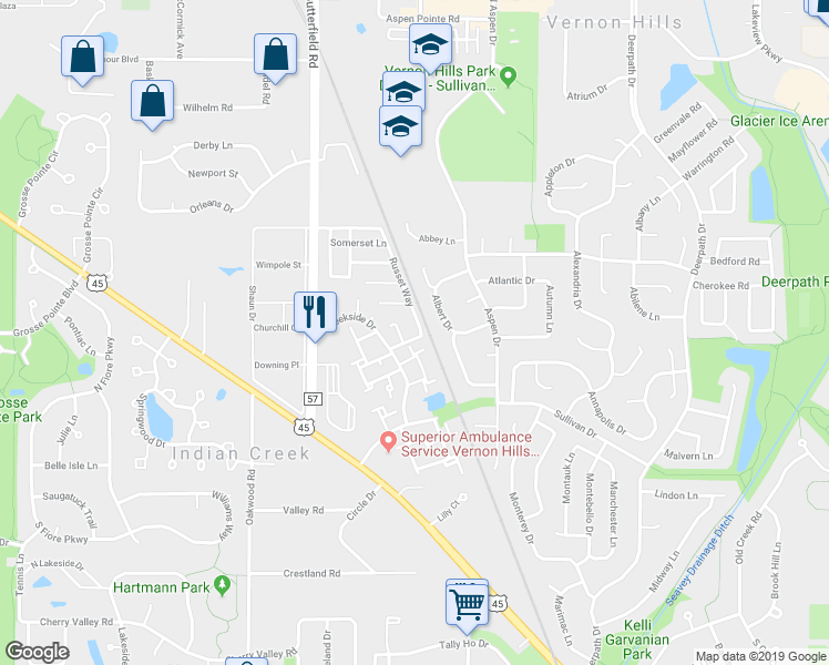 map of restaurants, bars, coffee shops, grocery stores, and more near 304 Russet Way South in Vernon Hills