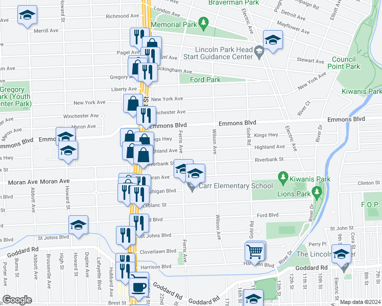 map of restaurants, bars, coffee shops, grocery stores, and more near 973 Highland Avenue in Lincoln Park