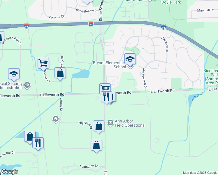 map of restaurants, bars, coffee shops, grocery stores, and more near 3024 Cloverly Lane in Ann Arbor