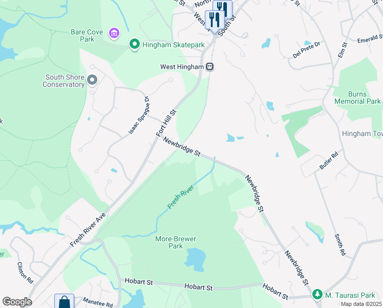 map of restaurants, bars, coffee shops, grocery stores, and more near 33 Newbridge Street in Hingham