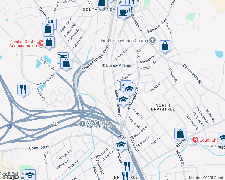 map of restaurants, bars, coffee shops, grocery stores, and more near 242 Independence Avenue in Quincy