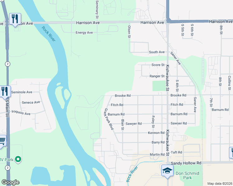 map of restaurants, bars, coffee shops, grocery stores, and more near 326 Brooke Road in Rockford