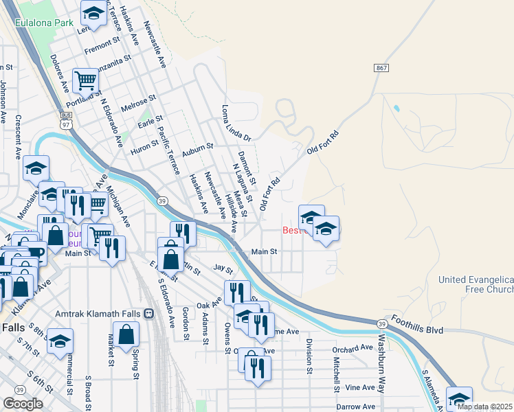 map of restaurants, bars, coffee shops, grocery stores, and more near 260 North Laguna Street in Klamath Falls