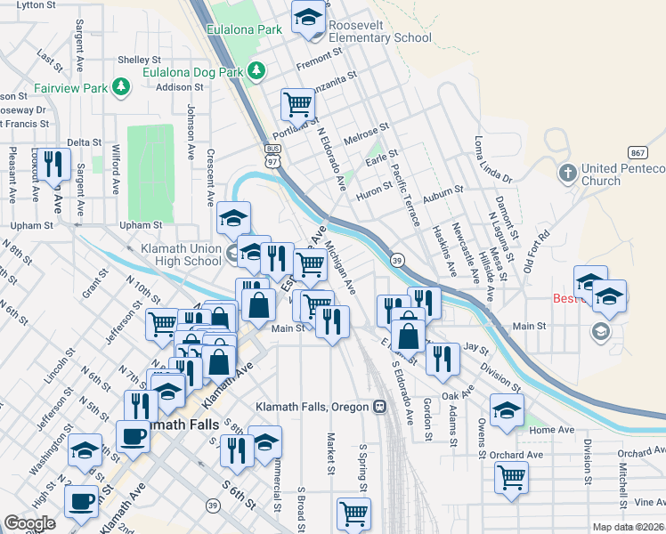 map of restaurants, bars, coffee shops, grocery stores, and more near 434 Michigan Avenue in Klamath Falls