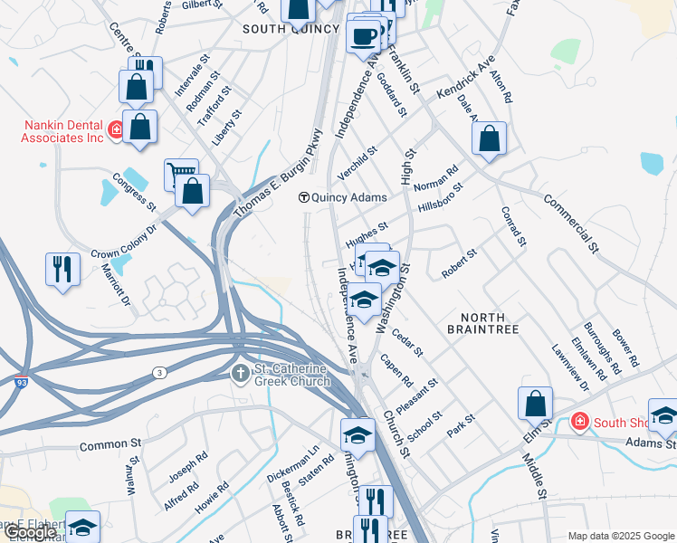 map of restaurants, bars, coffee shops, grocery stores, and more near 242 Independence Avenue in Quincy