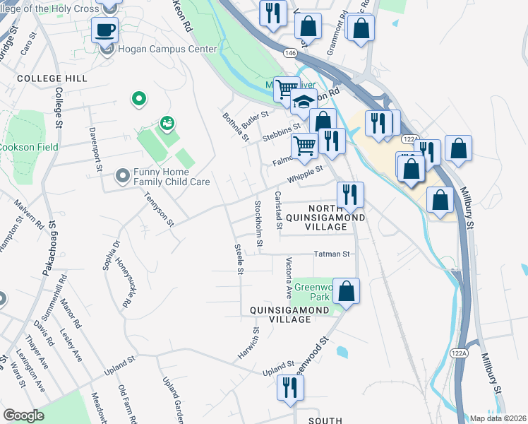 map of restaurants, bars, coffee shops, grocery stores, and more near 55 Whipple Street in Worcester
