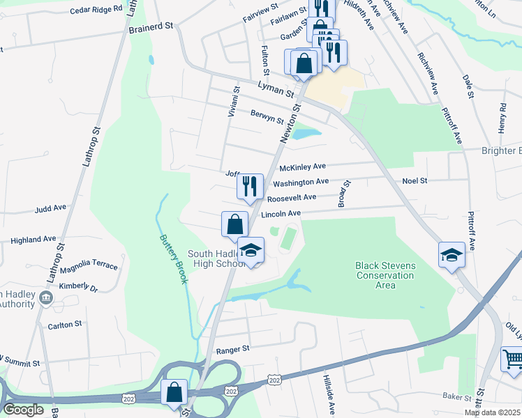 map of restaurants, bars, coffee shops, grocery stores, and more near 10 Haig Avenue in South Hadley