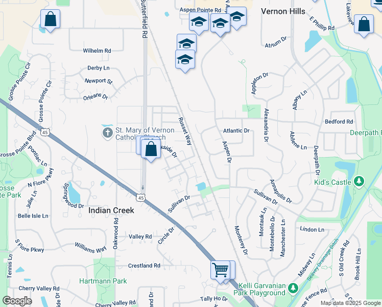 map of restaurants, bars, coffee shops, grocery stores, and more near 212 Russet Way in Vernon Hills