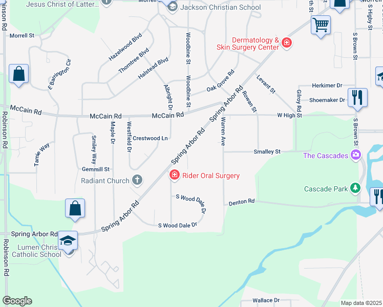 map of restaurants, bars, coffee shops, grocery stores, and more near 2533 Spring Arbor Road in Jackson
