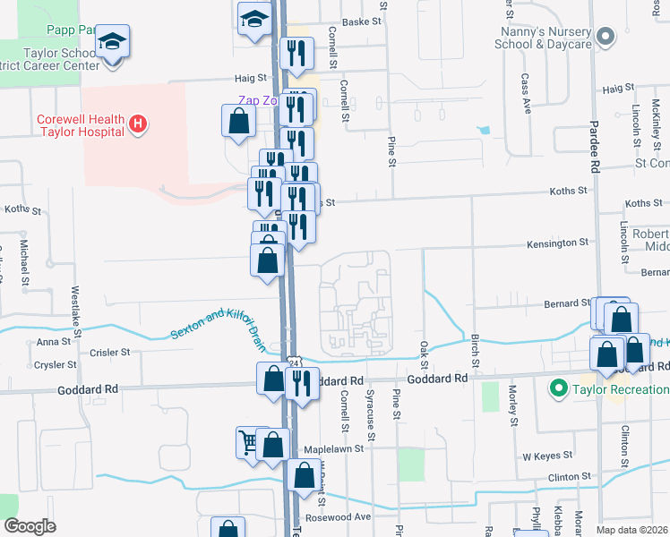 map of restaurants, bars, coffee shops, grocery stores, and more near 23896 Kensington Street in Taylor