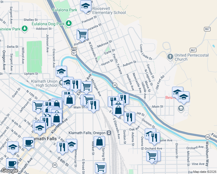 map of restaurants, bars, coffee shops, grocery stores, and more near 331 North Eldorado Avenue in Klamath Falls