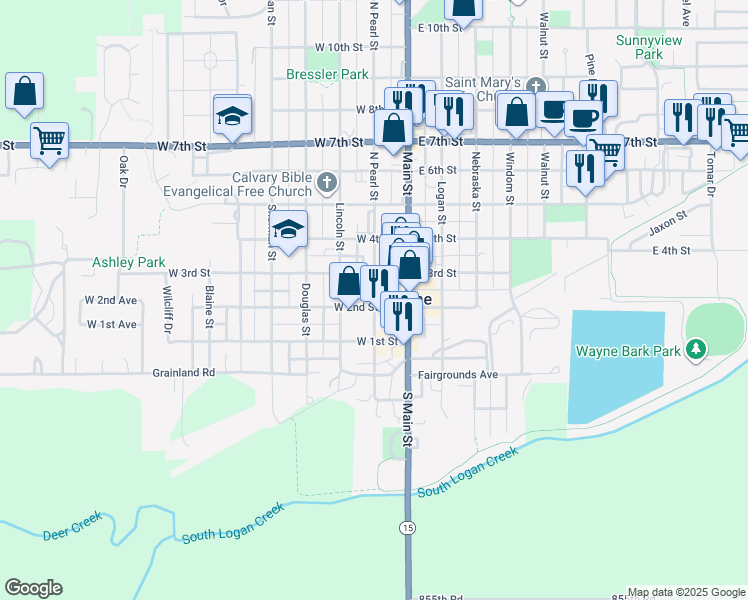 map of restaurants, bars, coffee shops, grocery stores, and more near 222 North Pearl Street in Wayne