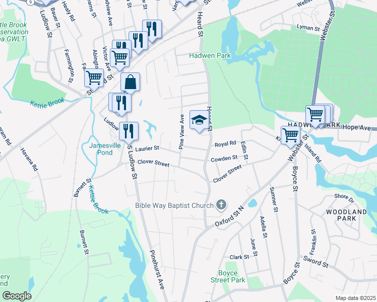 map of restaurants, bars, coffee shops, grocery stores, and more near 16 Papineau Avenue in Worcester