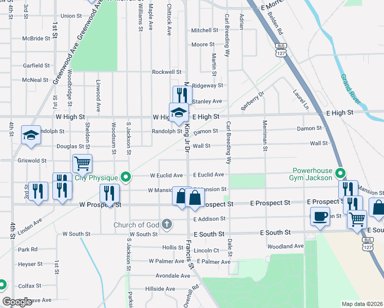 map of restaurants, bars, coffee shops, grocery stores, and more near 3146 Francis Court in Jackson