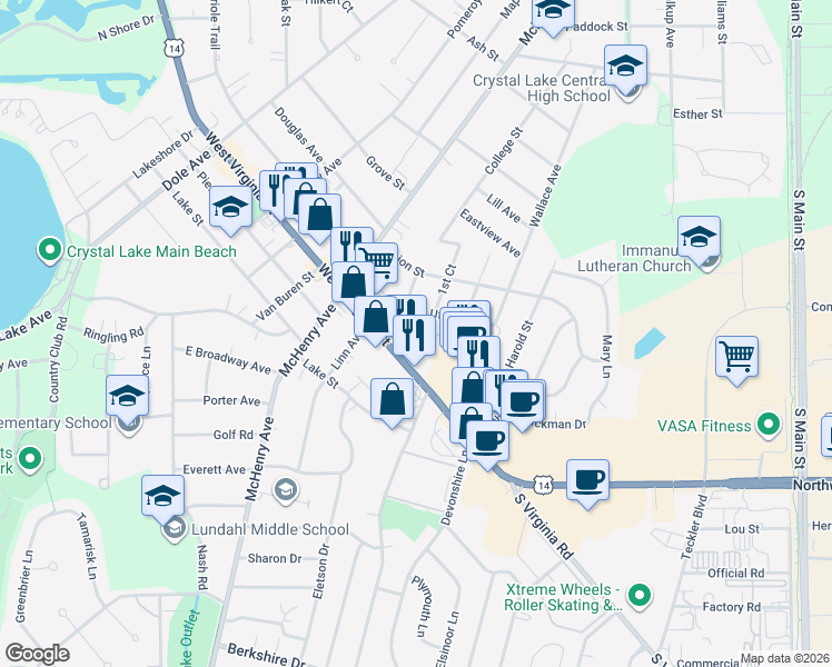 map of restaurants, bars, coffee shops, grocery stores, and more near 253 Uteg Street in Crystal Lake