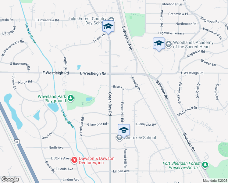 map of restaurants, bars, coffee shops, grocery stores, and more near 495 South Green Bay Road in Lake Forest