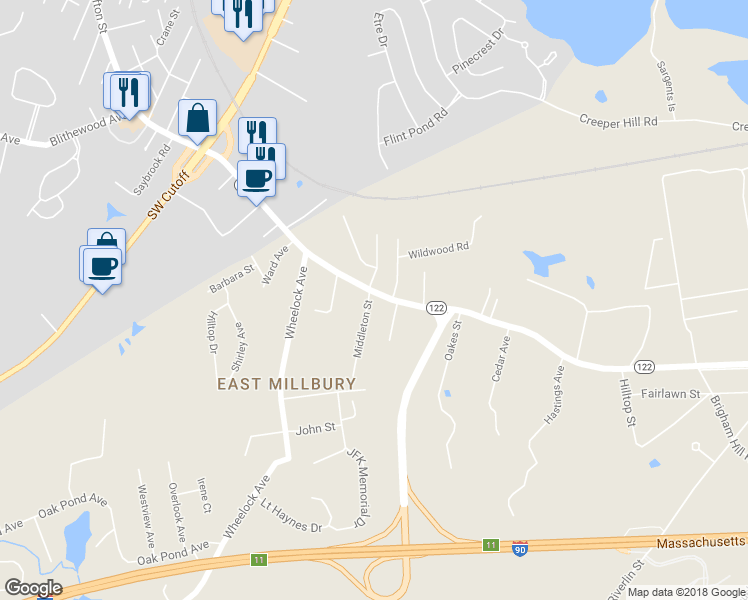 map of restaurants, bars, coffee shops, grocery stores, and more near 1488 Grafton Road in Millbury